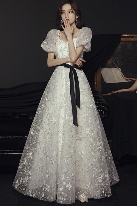Shiny White Puff Sleeve Prom Dress A Line Evening Dress,pl3760