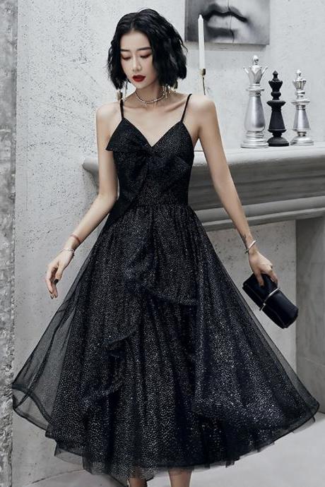 Black V Neck Tulle Sequins Prom Dress Short Evening Dress,pl3795
