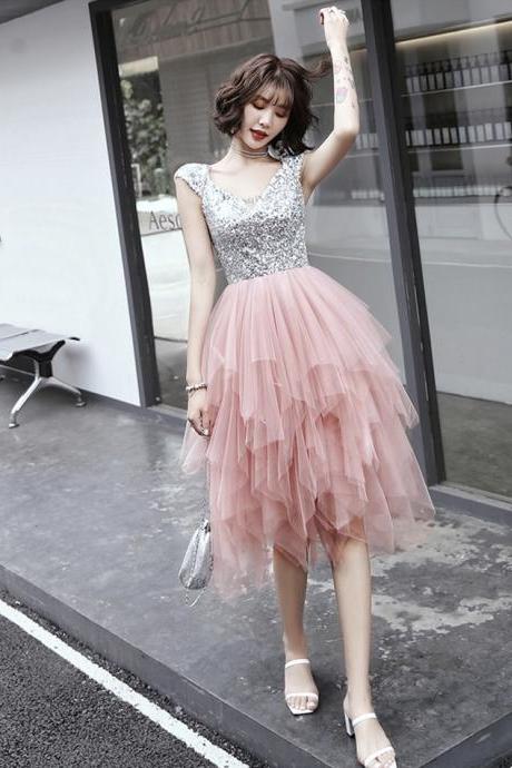 Pink A Line Irregular Tulle Prom Dress Evening Dress,pl3799
