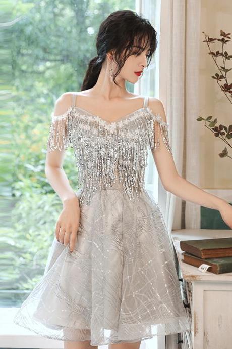 Gray Tulle Sequins Short Prom Dress Homecoming Dress,pl3828