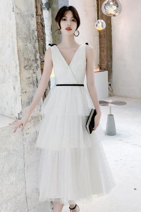 White V Neck Tulle Short Prom Dress Homecoming Dress,pl3829