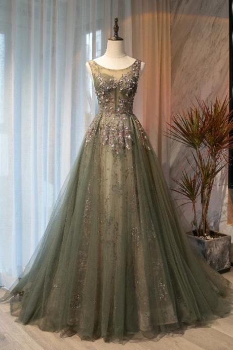 Cute Tulle Sequins Long A Line Prom Dress Evening Dress,pl3837
