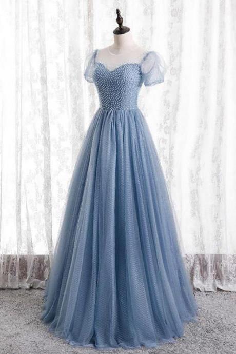 Blue Tulle Long A Line Prom Dress Blue Evening Dress,pl3842