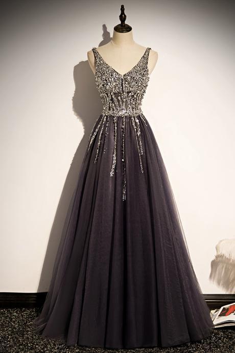 Stylish V Neck Tulle Beads Long Prom Dress Evening Dress,pl3848