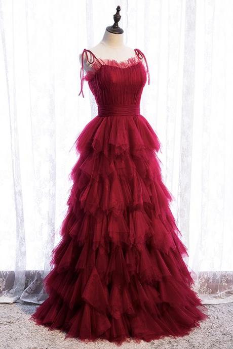 Burgundy Tulle Long Prom Gown Formal Dress,pl3867