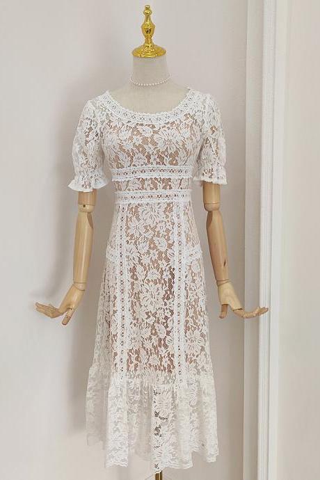 Temperament, Embroidered, Bubble Sleeves Lace Dress, Waist,pl3879