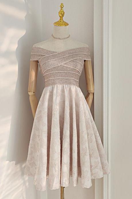 Hepburn Style, Vintage, Off-the-shoulder, Collarbone, Waist, Jacquard, A-line Dress,pl3886