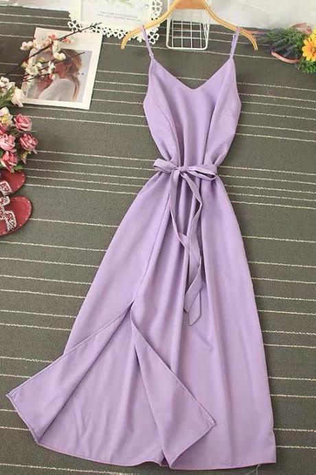 Simple, Solid Color, Spaghetti Strap Dress, Slit Dress, Sexy Midi Dress,pl3889