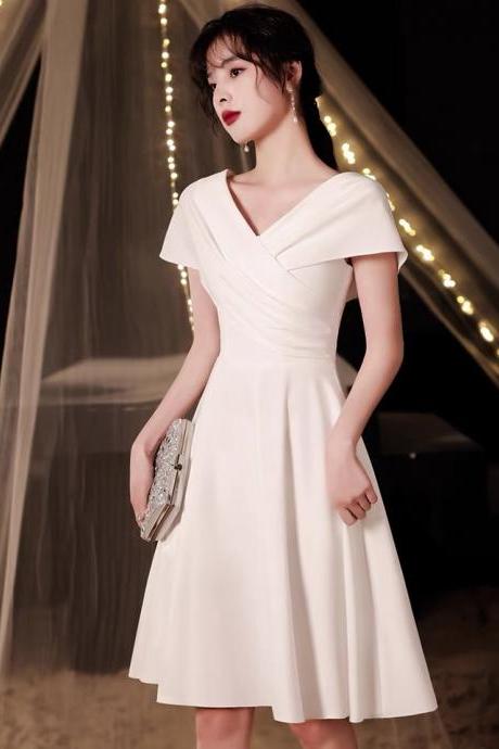 V-neck Party Dress,white Homecoming Dress,simple Graduation Dress,custom Made,pl3893