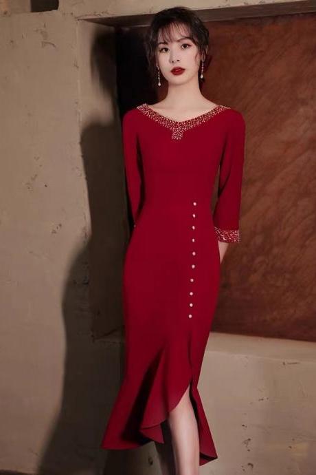 Unique,mermaid Midi Dress, Red Long Sleeve Party Dress,custom Made,pl3894