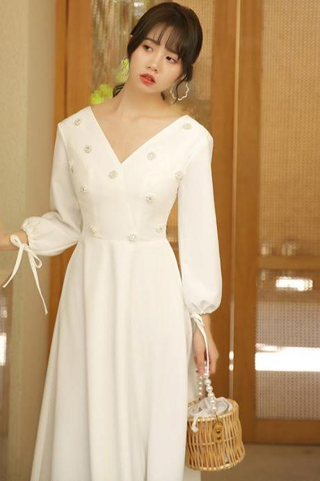 V-neck Bridal Dress,long Sleeve Wedding Dress,v-neck Daily Dress With Pears,custom Made,pl3905
