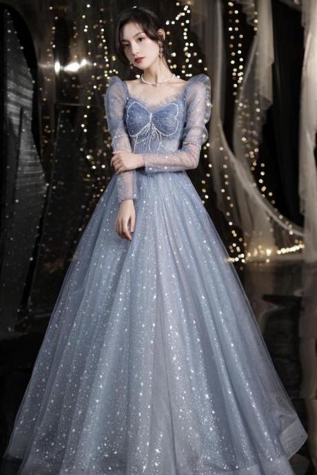 Style, Romantic Evening Dress, Blue Princess Dress, Long Sleeve Party Dress,custom Made,pl3909