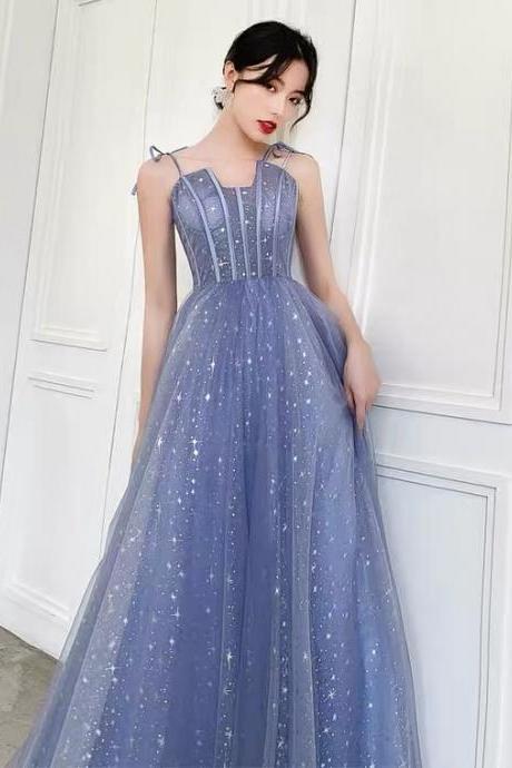 Style, Temperament, Blue, Spaghetti Strap Long Starry Sky Dress,custom Made,pl3910