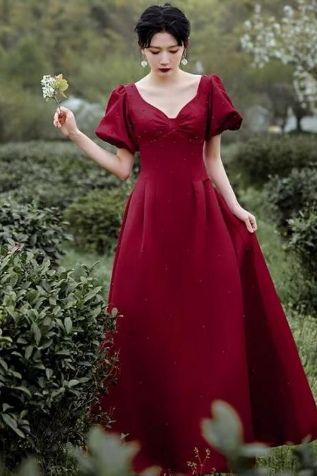 V-neck Prom Dress,red Party Dress,hubble-bubble Sleeve Red Dress With Pearl,custom Made,pl3915