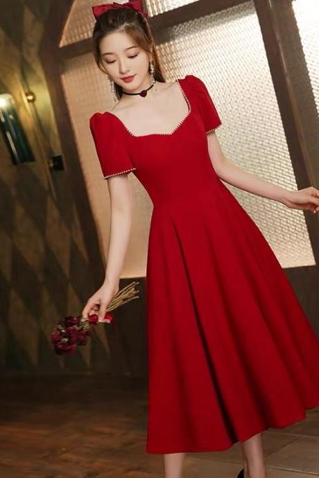 Red Midi Dress,short Sleeve Prom Dress,sweet Graduation Dress,custom Made,pl3920