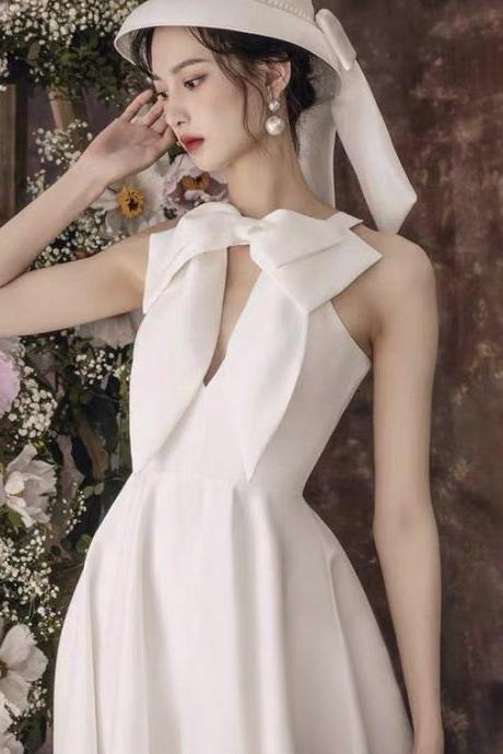 White Prom Dress,satin Bridal Dress,halter Neck Party Dress,custom Made,pl3955