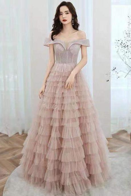 Dusty Pink Party Dress ,off Shoulder Evening Dress ,tulle Layered Dress,backless Long Prom Dress,custom Made,pl3961