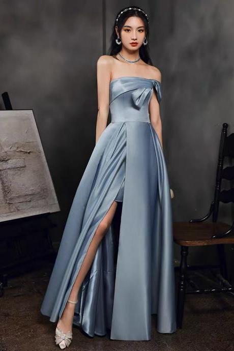 Off Shoulder Evening Dress With Pocket, Noble And Elegant, Satin Light Blue, High Quality. Split Evening Dress,custom Made,pl3968
