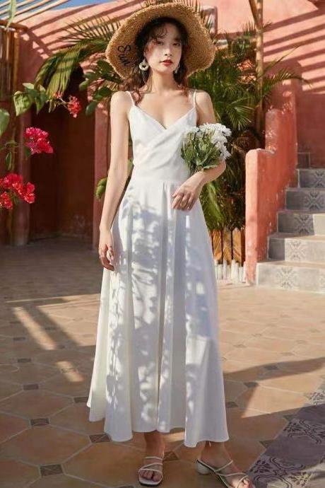 White Party Dress,spaghetti Straps Evening Dress,v Neck Long Prom Dress,backless Sexy Formal Dress,custom Made,pl3975