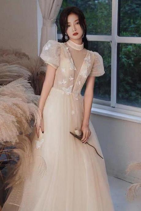 Cream-colored Party Dress,high Neck Evening Dress,short Sleeve Prom Dress,lace Applique Formal Dress,custom Made,pl3981