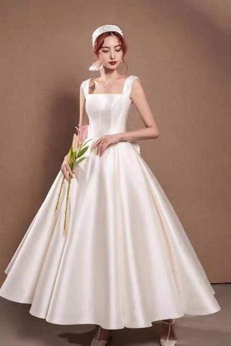 White Wedding Dress,spaghetti Straps Wedding Dress,satin With Bowknot Wedding Dress,simple But Stunning Wedding Dress,bubble Wedding Dress,custom