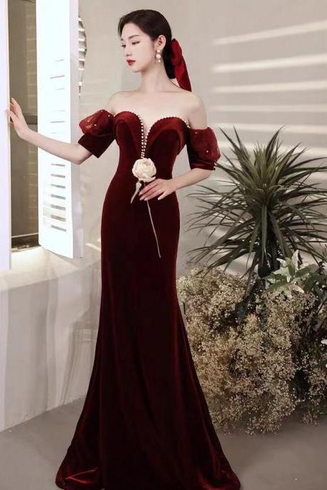 Wine Red Party Dress,off Shoulder Evening Dress,velvet Mermaid Long Prom Dress,backless Sexy Formal Dress,custom Made,pl3985