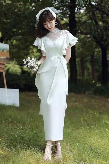 White Wedding Dress,short Sleeve Wedding Dress,lace Applique Wedding Dress,custom Made,pl3986