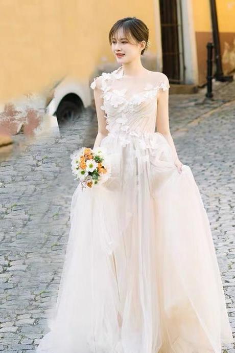 ,cap Sleeve Wedding Dress,,light Tulle Bridal Dress,ivory Wedding Dress,custom Made,pl3989