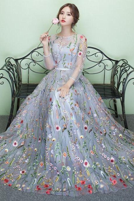 ,embroidered Party Dress, Temperament Dress, Long Sleeve Evening Dress,custom Made,pl3991