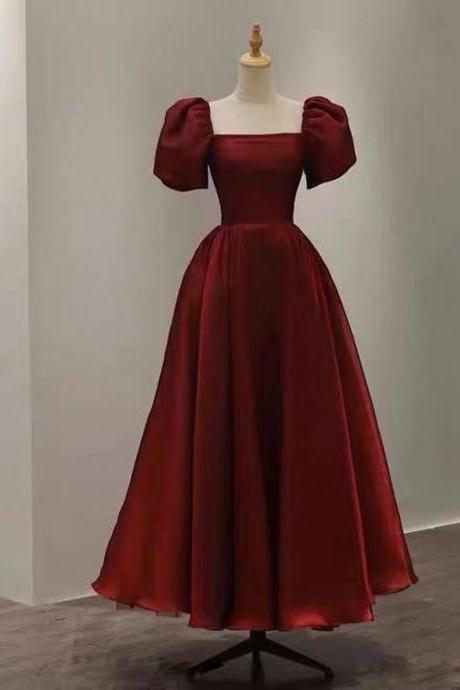 Red Party Dress,puff Sleeve Evening Dress,satin Long Prom Dress,backless Floor Length Dress,custom Made,pl3992