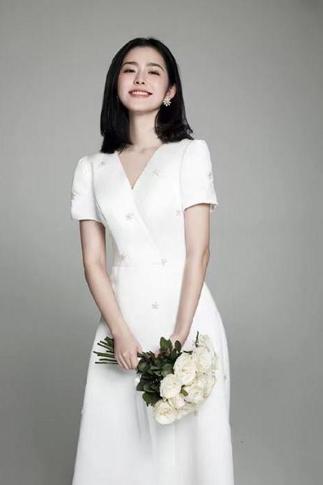 ,light Satin Wedding Dress, Nailed Bead High Quality Dress , Simple Evening Dress,custom Made,pl4001