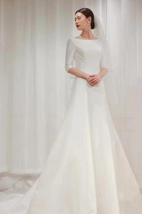 ,satin Bridal Dress, Mid Sleeve Wedding Dress,elegant Bridal Dress,custom Made,pl4007