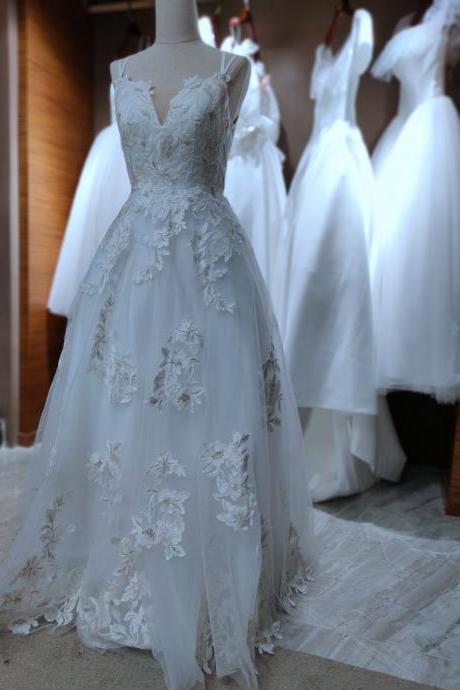 ,spaghetti Strap Wedding Dress,lace Bridal Dress,custom Made,pl4011