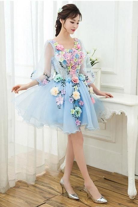 ,blue Homecoming Dress,floral Fancy Party Dress,cute Dress,custom Made,pl4016