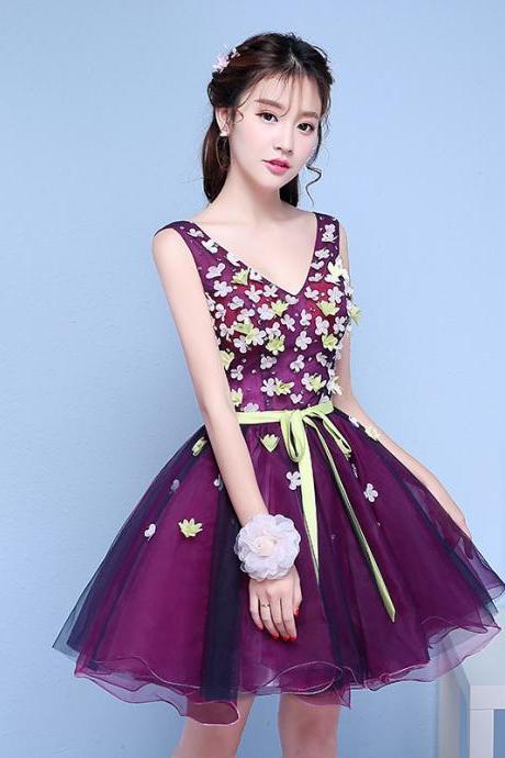 , Handmade Floral ,grape Purple Homecoming Dress, V-neck Party Dress,custom Made,pl4021