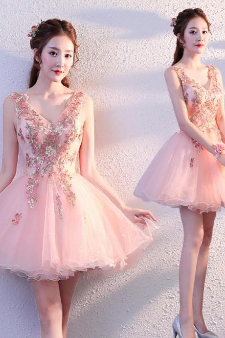 , Handmade Floral ,pink Homecoming Dress, V-neck Party Dress,custom Made,pl4022