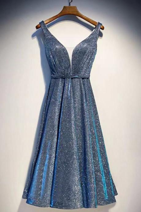 Sparkling Blue Party Dress Deep V Neck Evening Dress Spaghetti Straps Prom Dress Backless Sexy Homecoming Dress,pl4026