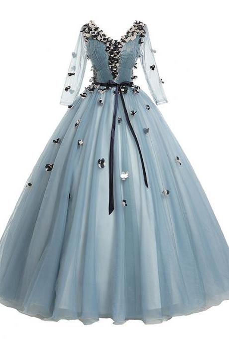 Long Sleeve Evening Dress,smoke Blue Prom Dress,ball Gown Formal Dress,applique,custom Made,pl4027