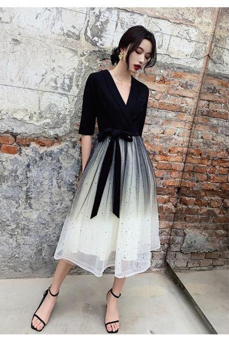 Style, Spring And Summer Evening Dress, Temperament V-neck, Short Style Dress, Black Gradient Dress,custom Made,pl4047