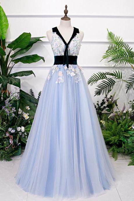 Spring And Summer Stage Performance Dress, Blue Evening Dress, V-neck Bouffant Dress,custom Made,pl4057