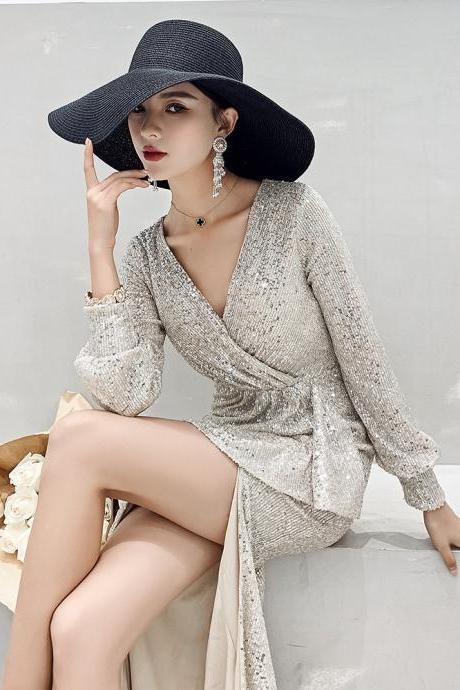 Silver Evening Dress, Style, V-neck Noble Temperament, Long Sleeve Fashion Dress, Gas Queen Dress,custom Made,custom Made,pl4061
