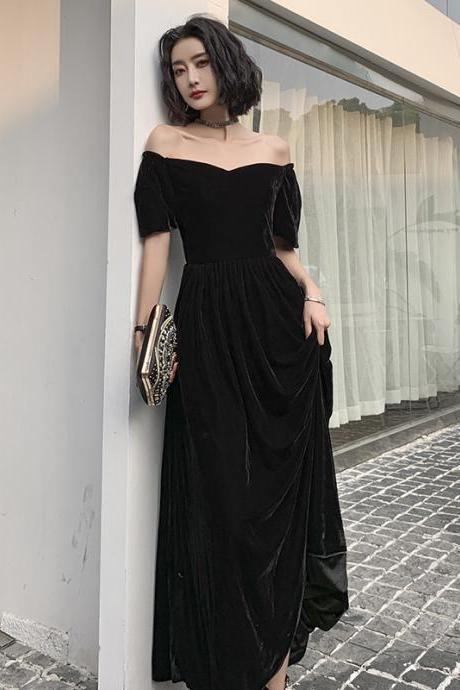 Noble Velvet Prom Dress, Temperament, Black Off-the-shoulder Evening Dress, Custom Made,pl4086