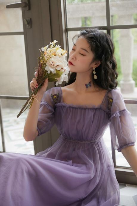 Romantic Purple Tulle Dress, Hepburn Style, Super Fairy Midi Dress, Vintage Bouffant Dress,pl4095