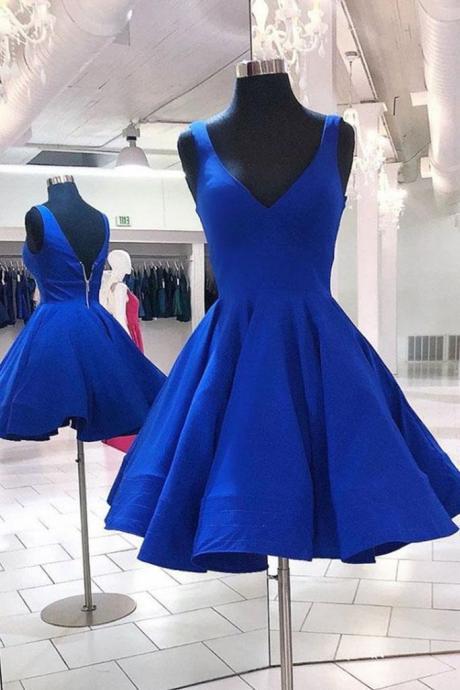 V Neck And V Back Short Blue Prom Dress, Open Back Blue Homecoming Dress, Blue Formal Evening Dress,pl4101