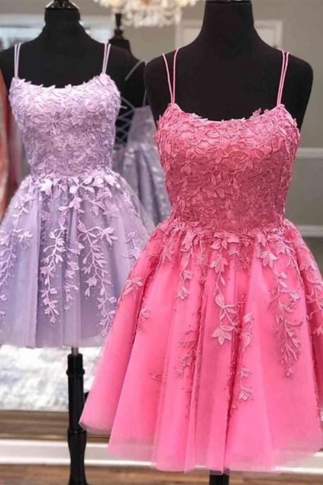 Short A Line Thin Straps Purple/ Pink Lace Prom Dress, Purple/ Pink Lace Homecoming Dress, Lilac/ Pink Short Formal Evening Dress,pl4103