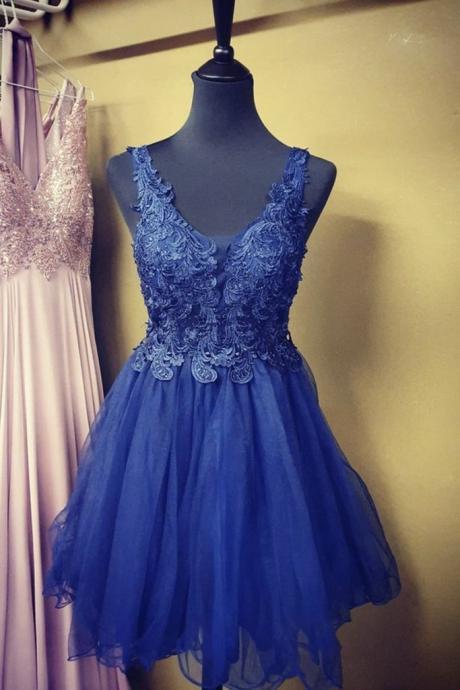 A Line V Neck Blue Lace Short Prom Dress, Blue Lace Homecoming Dress, Short Blue Formal Evening Dress,pl4105