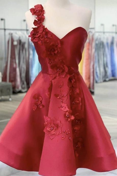 One Shoulder Open Back Burgundy Floral Short Prom Dress, Wine Red Floral Formal Evening Homecoming Dress,pl4106