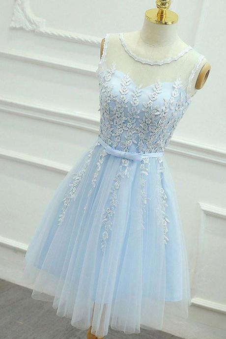 A Line Round Neck Lace Blue Short Prom Dress, Short Blue Lace Formal Graduation Homecoming Dress,pl4109