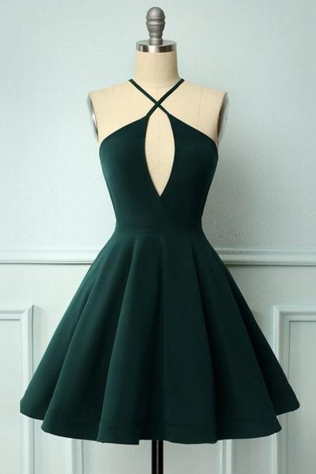 Elegant Halter Neck Dark Green Short Prom Dress, Dark Green Formal Graduation Homecoming Dress,pl4112