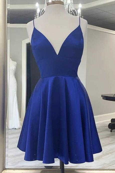 Cute V Neck Backless Short Royal Blue Prom Dress With Straps, Backless Royal Blue Formal Graduation Homecoming Dress,pl4114